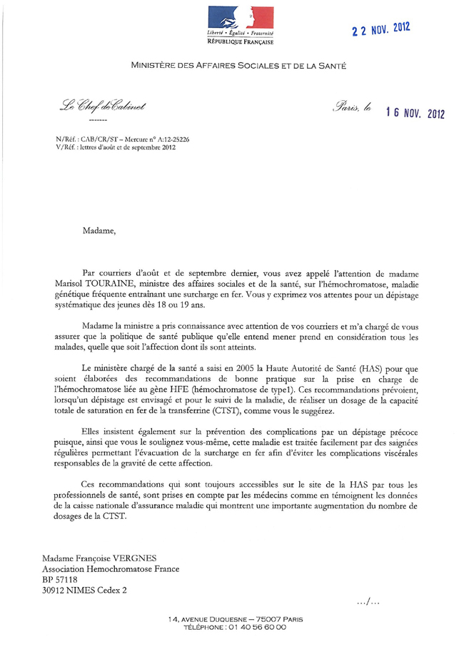 Lettres à M. le Ministre de la santé